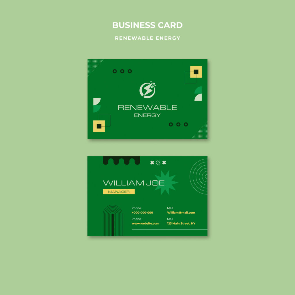 a green business card with white text