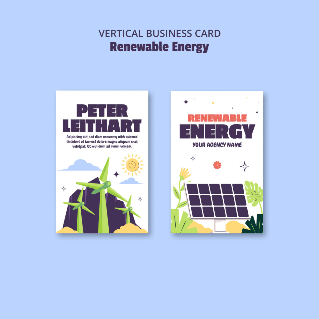 a two business cards with a picture of windmills and a sun